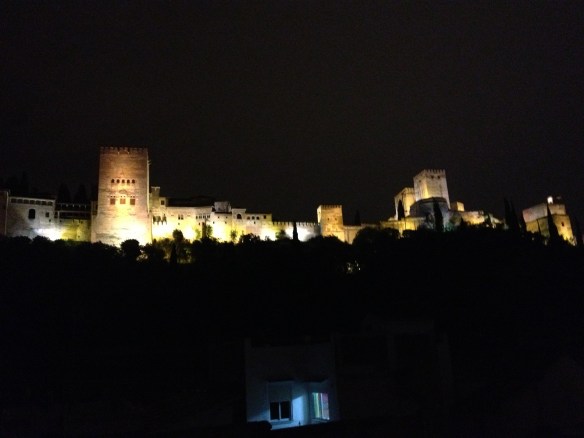 The Alhambra at night, as seen from the deck of our Granada apartment.